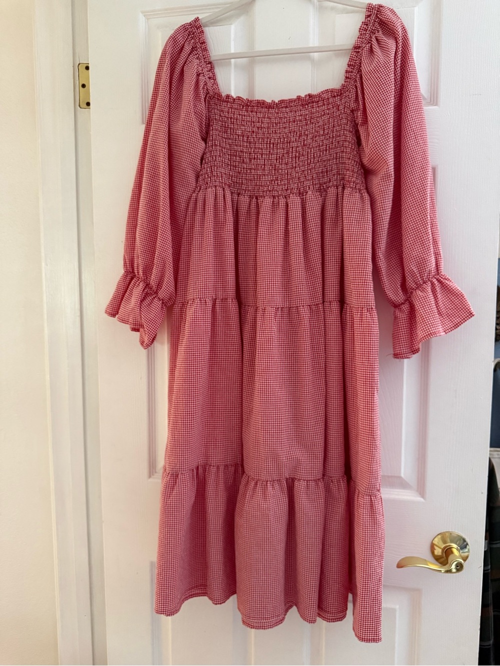 Red Gingham Smocked Tiered Midi Dress